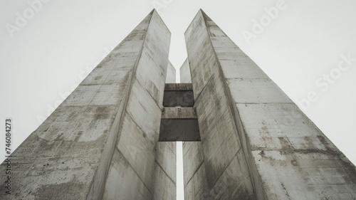 stark geometry of a brutalist building, showcasing raw concrete and repetitive modular windows against a cloudy sky in a monochrome palette