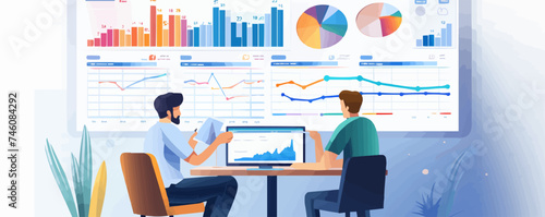 two men analyze growth data graphs concept flat illustration isolated
