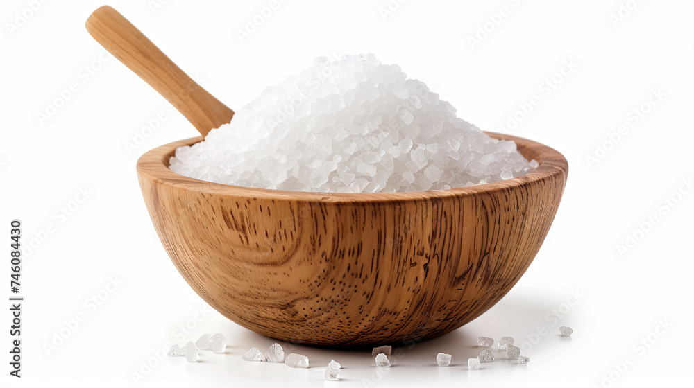 A wooden plate holds sea white salt against a white isolated background A wooden plate holds sea white salt against a white isolated background