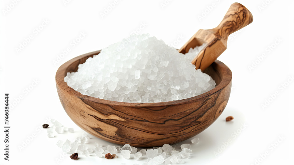 On a white isolated background, there is a wooden plate containing sea white salt
On a white isolated background, there is a wooden plate containing sea white salt