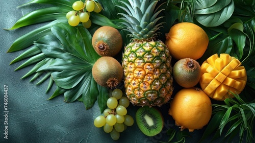  a pineapple, oranges, kiwis, grapes, and other tropical fruits are arranged on a green surface with leaves and fruit on the right side. photo