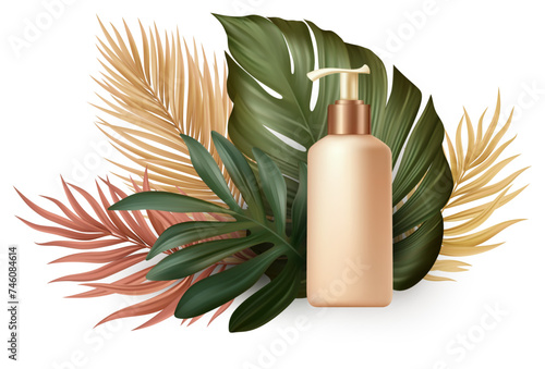 Tropical Green Palm Leaf Vector Exotic Background for Cosmetic Cream Branding