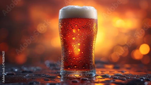  a close up of a glass of beer on a table with water droplets on the glass and a blurry background of lights in the back droplet of the glass.