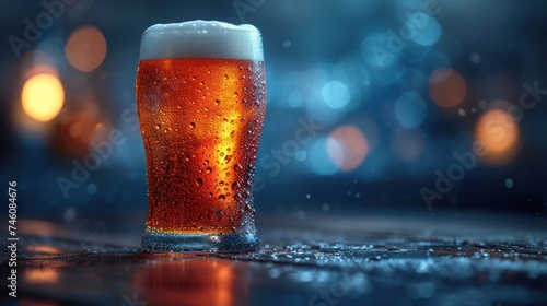  a close up of a glass of beer on a table with drops of water on the glass and boke of lights in the back ground in the blurry background.