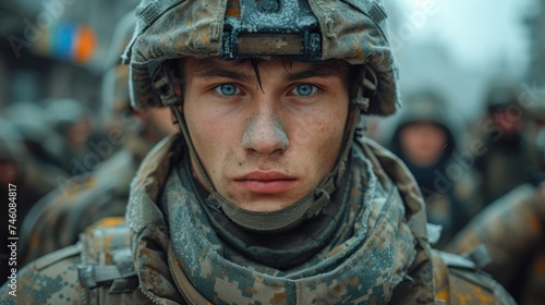  a close up of a man in a military uniform with a scarf around his neck and wearing a helmet and scarf around his neck, with other men in the background.