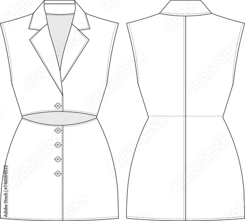 sleeveless collared v neck buttoned with low-cut mini short shirt jacket dress template technical drawing flat sketch cad mockup fashion woman design style model
