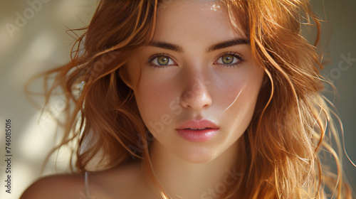 Natural Radiance: Close-Up Portrait of a Woman with Green Eyes and Freckles