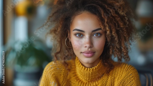  a close - up of a woman with curly hair and blue eyes, wearing a yellow sweater, looking at the camera, with a serious look on her face.