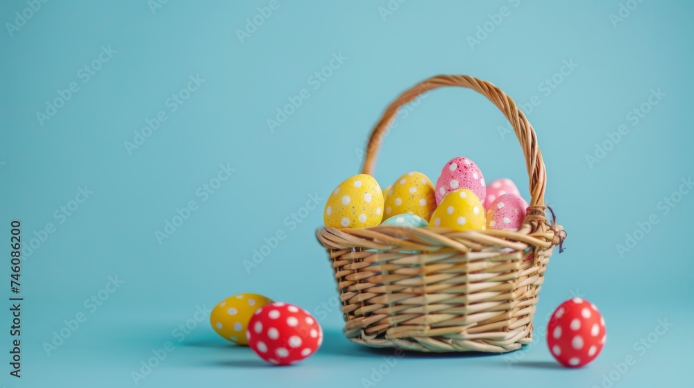 Easter decoration colorful eggs in basket on blue background with copy space. Beautiful colorful easter eggs. Happy Easter. Isolated.