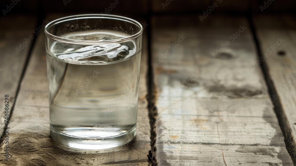 a glass filled with water sitting on top of a wooden table next to a bottle of water on top of a wooden table. a glass filled with water sitting on top of a wooden table next to a bottle of water on top of a wooden table.