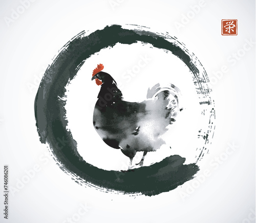 Ink painting of chicken in black enso zen circle. Traditional oriental ink painting sumi-e, u-sin, go-hua. Translation of hieroglyph - prosperity