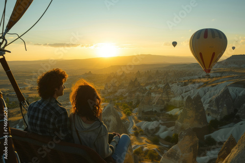 Couple Enjoying a Scenic Hot Air Balloon Ride at Sunrise in Cappadocia