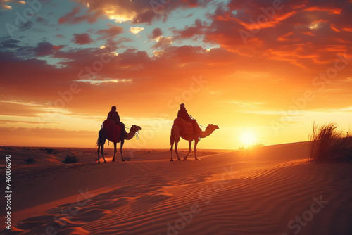 Tranquil Caravan Journey at Sunset in the Desert