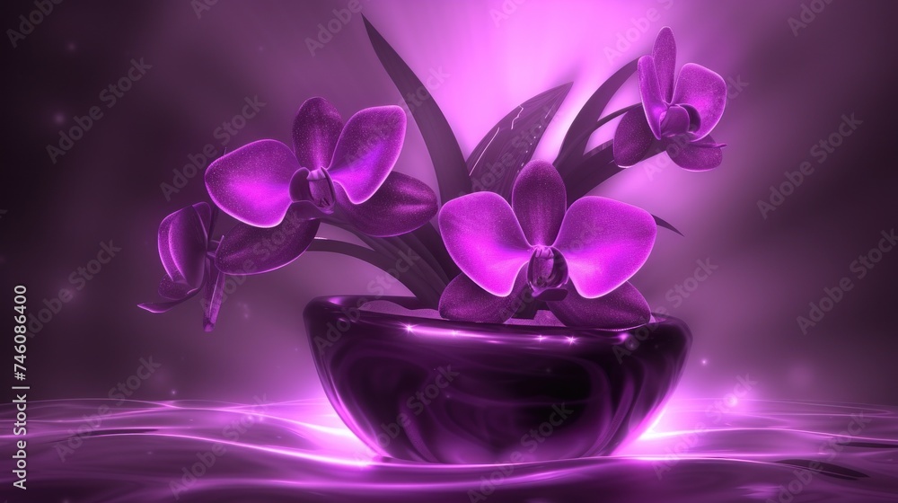 a vase filled with purple flowers sitting on top of a water covered table next to a purple light behind it. a vase filled with purple flowers sitting on top of a water covered table next to a purple light behind it.