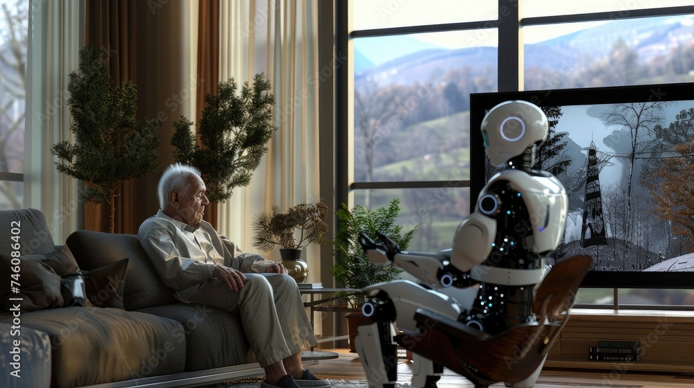 AI robot taking care of an elderly man.