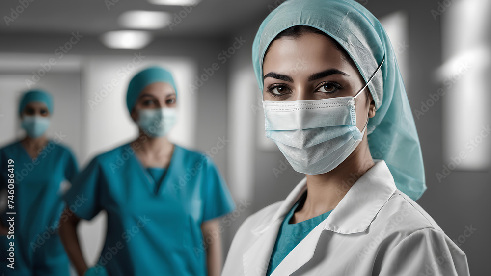 Young arabic female doctor in face mask in front of team. Healthcare and medicine concept Young arabic female doctor in face mask in front of team. Healthcare and medicine concept