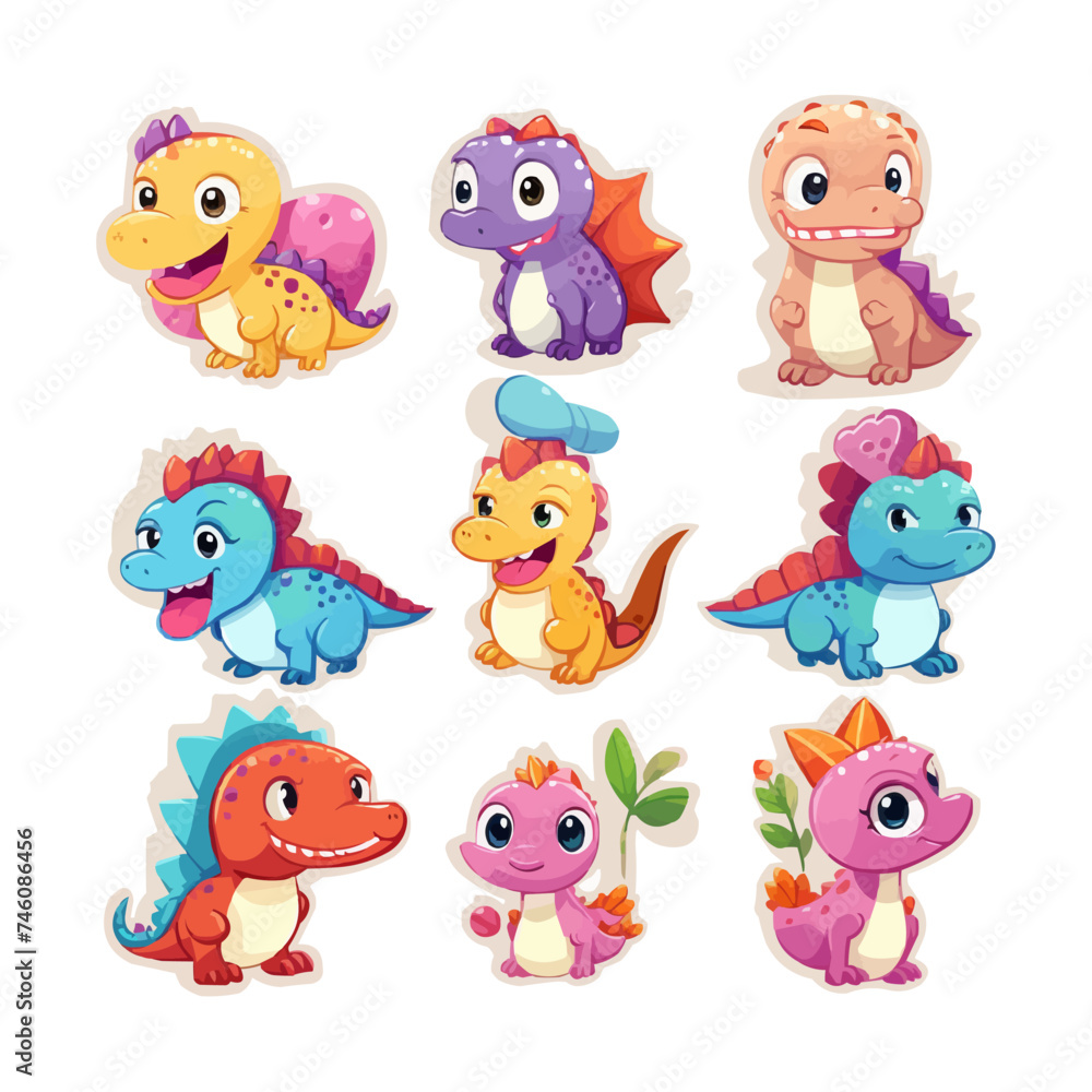 Decorative stickers collection with different types of cute and funny dinosaurs, vector design for kids