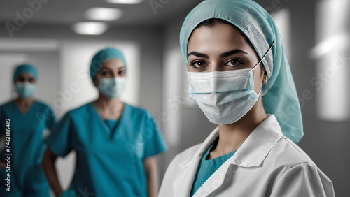 Young arabic female doctor in face mask in front of team. Healthcare and medicine concept