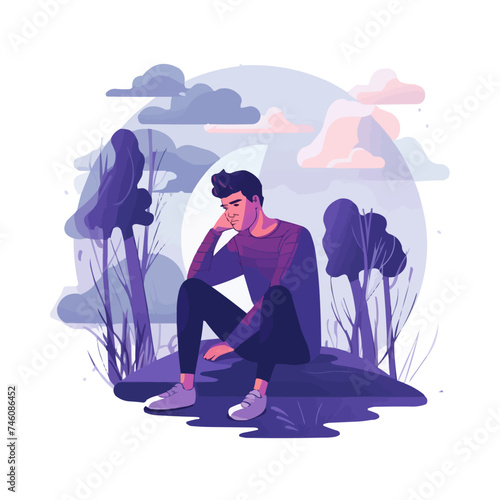 Depressed sad man thinking over problems. Bankruptcy, loss, crisis, burnout syndrome, relationship trouble concept. Vector illustration. Flat.