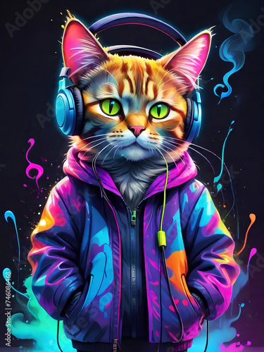 Colorful portrait of a cat in headphone listens to music. Neon colored illustration. Music concept.