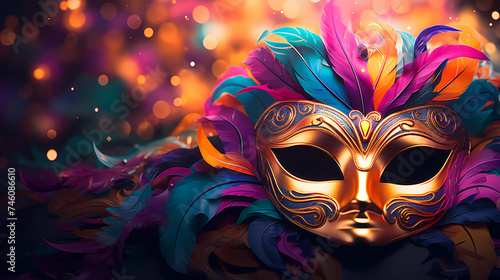 Still life of colorful carnival beads and masks, vibrant background