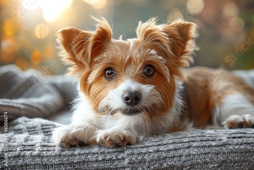 Playful dog peeking from behind a card, possibly waiting for a surprise