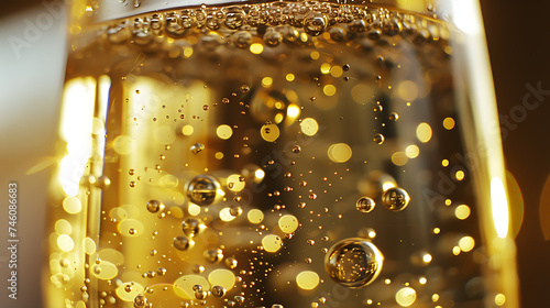 Champanhe borbulhante sob a luz dourada um closeup com bolhas dançantes e fundo suavemente desfocado photo