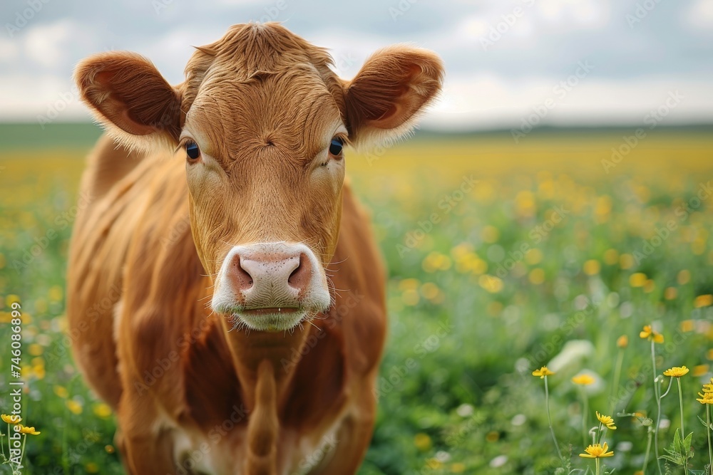 A gentle cow stands amidst a field of bright yellow flowers, exuding curiosity and calm