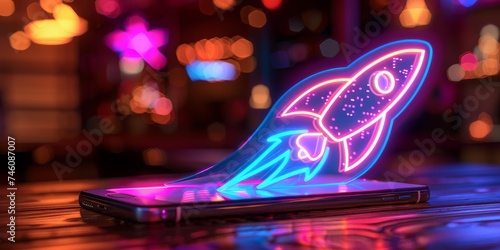 A Neon Rocket Hologram Emerges from a Smartphone on a City Night, Generative AI