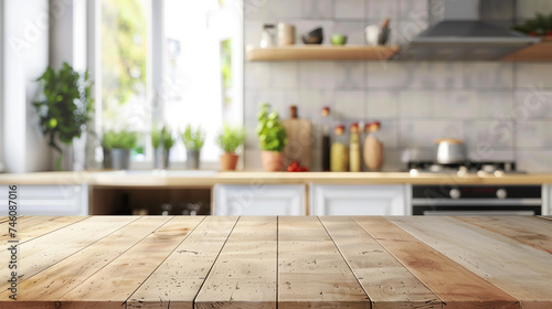 Modern Scandinavian Kitchen Interior with Spacious Wooden Countertop, Natural Light, and Green Plants Creating a Fresh and Cozy Atmosphere