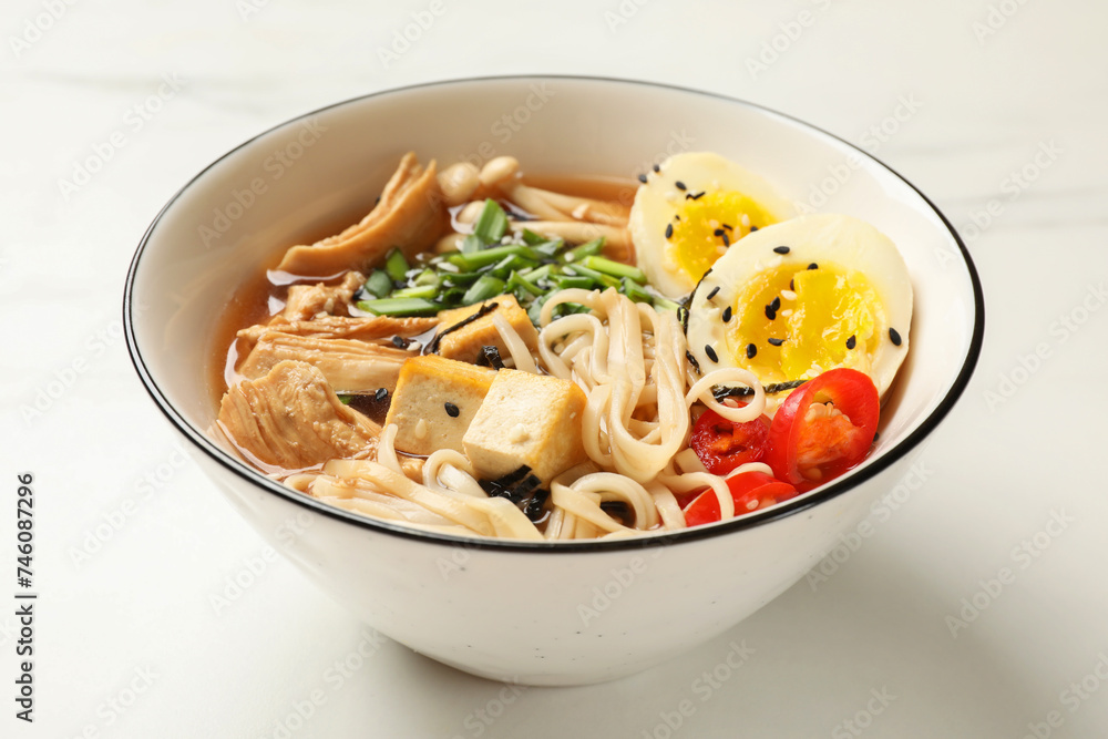 Bowl of delicious ramen on white marble table. Noodle soup Bowl of delicious ramen on white marble table. Noodle soup