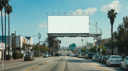 Sunny Day on a Bustling City Street with Empty Billboard and Palm Trees