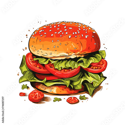 Hand drawn vector bread burger illustration with meatloaf tomato vegetarian dish, white background, delicious food for lunch and dinner, fast food