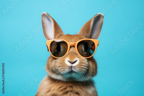  A rabbit wearing sunglasses on a blue background. Generative AI