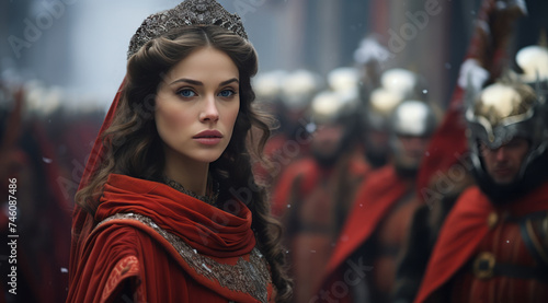 Beautiful girl in a medieval red dress and crown, against a blurred background of warriors. Costume carnival procession, historical theatrical performances