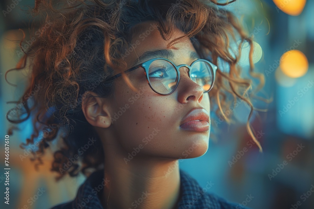 A tasteful and modern portrait highlighting a person's curly hair with bokeh effect, face is not visible A tasteful and modern portrait highlighting a person's curly hair with bokeh effect, face is not visible