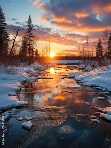 The sun dips below the horizon, casting a warm glow over the frozen river