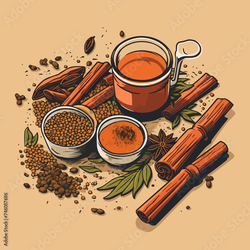 Line art masala tea spices illustration