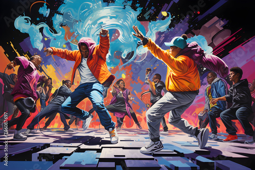 Vibrant Snapshot of Urban Hip Hop Culture: Graffiti, Dancers, and Turntable