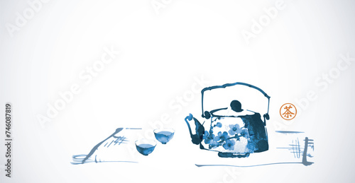 Ink painting of teapot and cups. Traditional tea ceremony scene. Traditional oriental ink painting sumi-e, u-sin, go-hua in blue tones. Translation of hieroglyph - tea