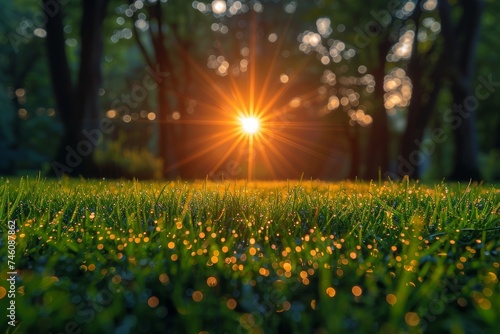 The warm glow of sunrise on dew-covered grass creates a tranquil and serene landscape