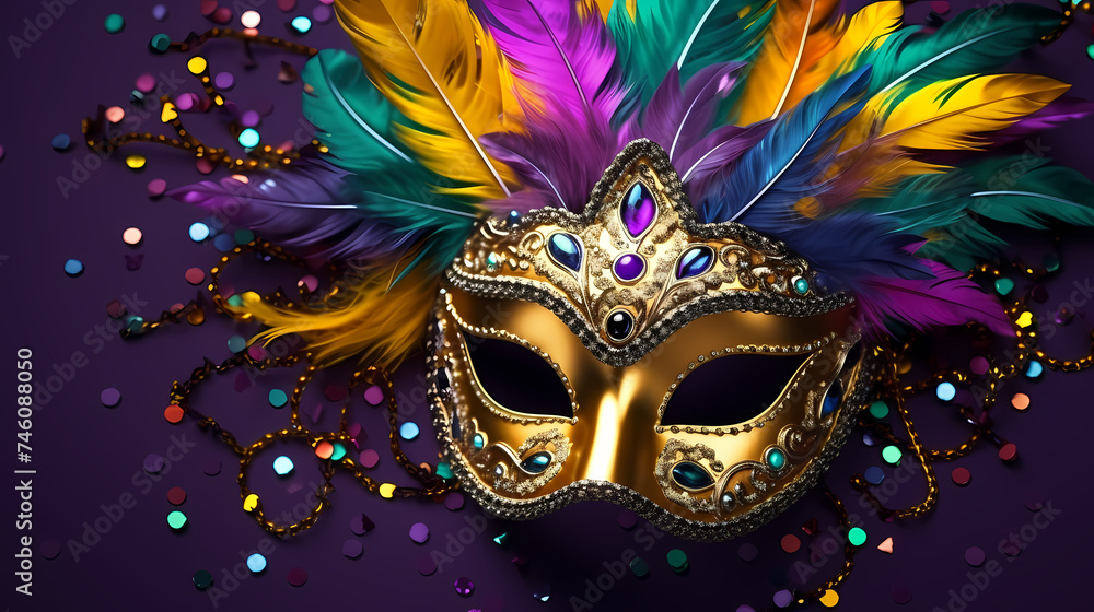 Still life of colorful carnival beads and masks, vibrant background