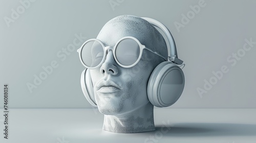 A minimalistic scene with sunglasses and headphones on a human head sculpture, conceived with a music concept in mind.