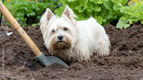 a small white dog laying in the dirt with a shovel in it's mouth and a garden in the background. © Anna