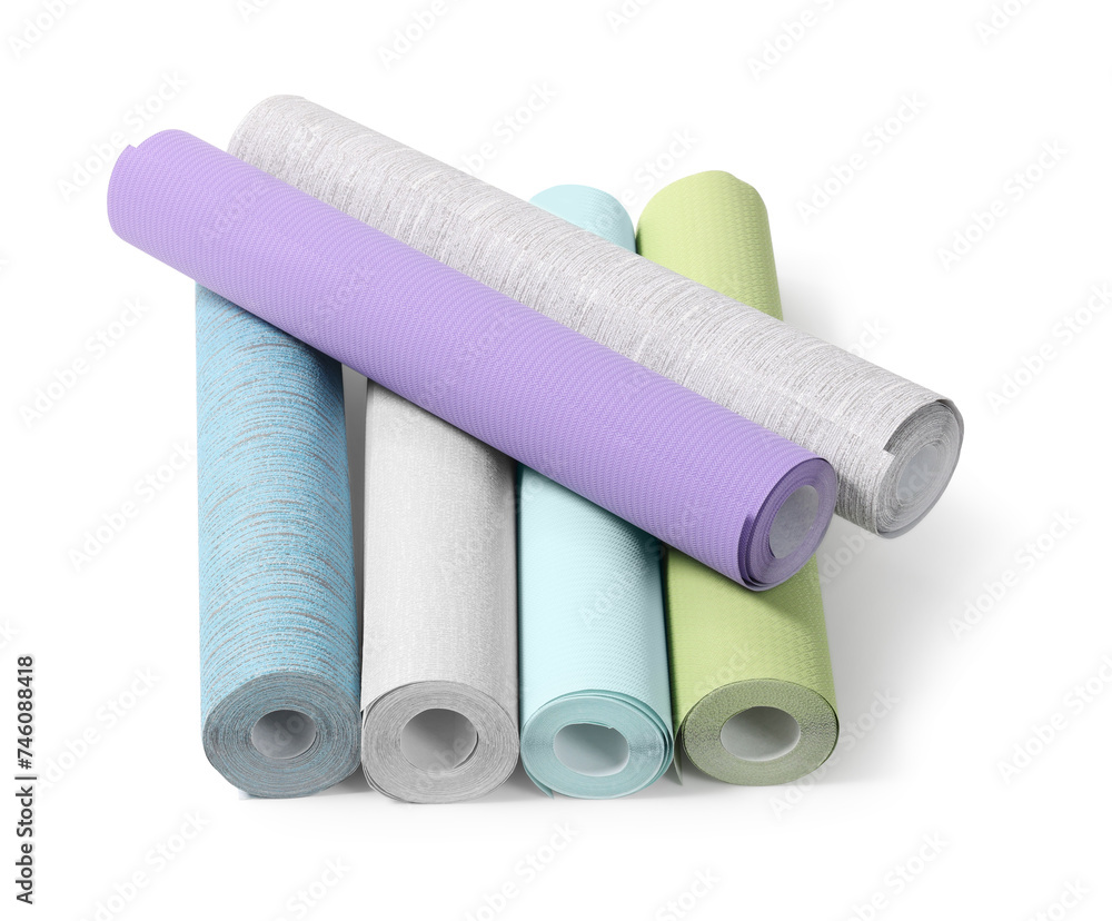 Many different wallpaper rolls isolated on white Many different wallpaper rolls isolated on white