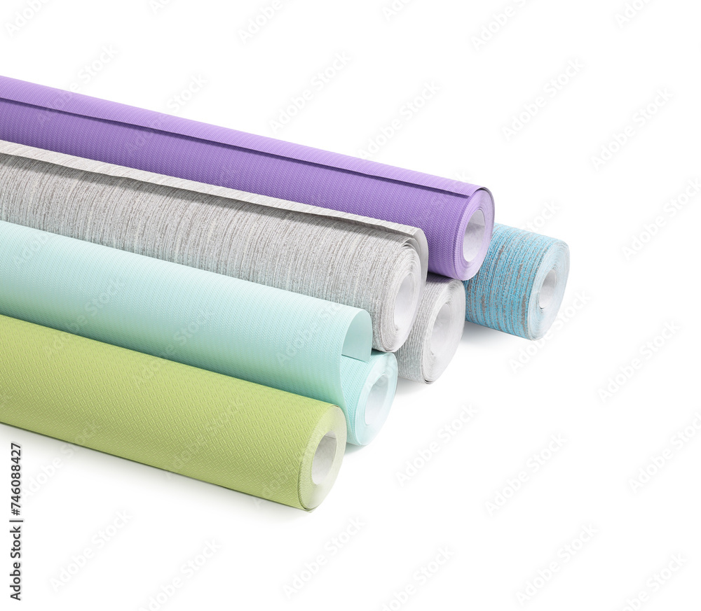 Many different wallpaper rolls isolated on white Many different wallpaper rolls isolated on white