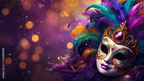 Still life of colorful carnival beads and masks, vibrant background