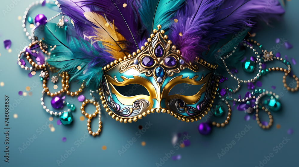 Still life of colorful carnival beads and masks, vibrant background