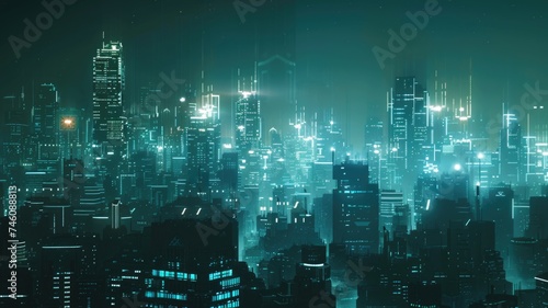 futuristic smart city skyline where Brutalist structures are integrated with green technologies,