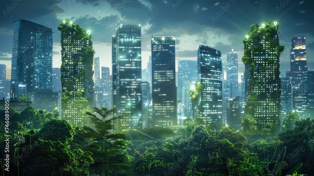 Obraz premium futuristic smart city skyline where Brutalist structures are integrated with green technologies,